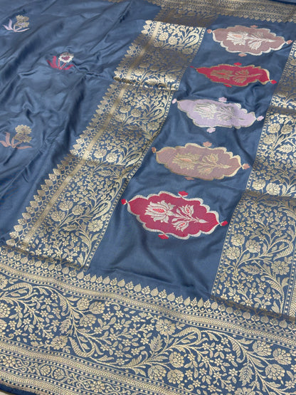 Steel Grey Pure Katan Silk Ektara Banarasi Saree with Big Border
