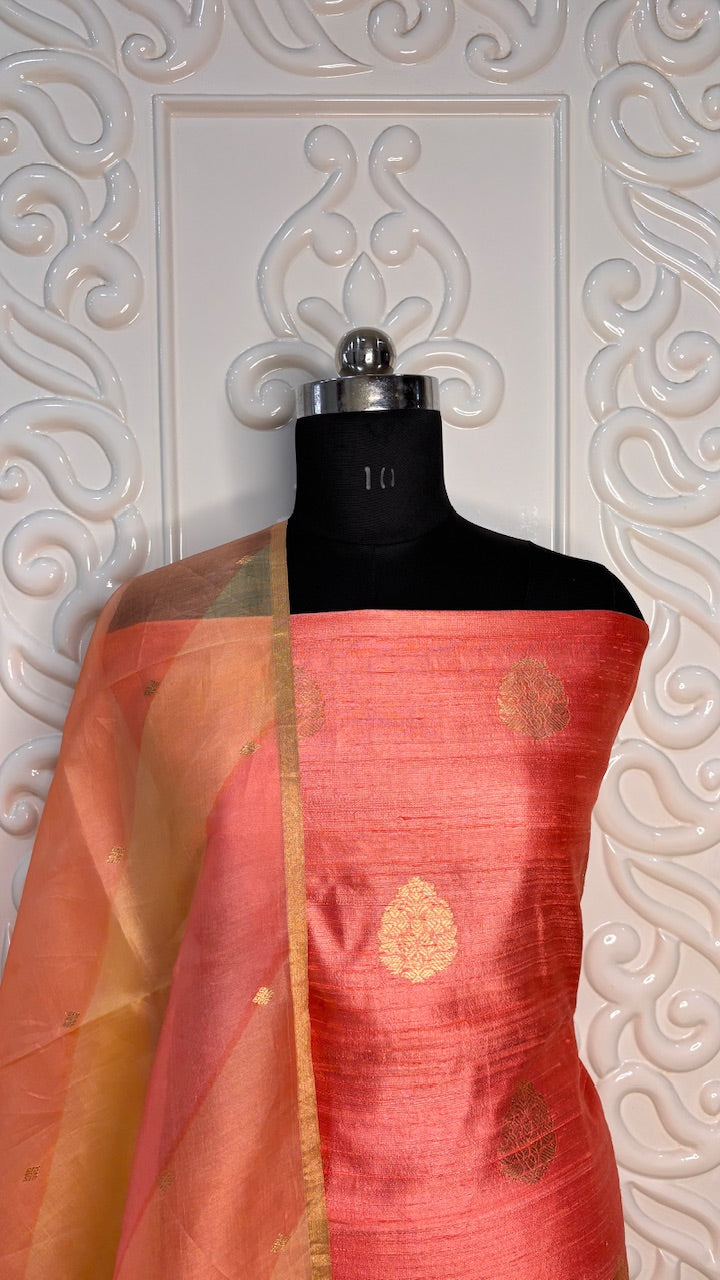 Peach-Pink Banarasi Raw Silk Suit