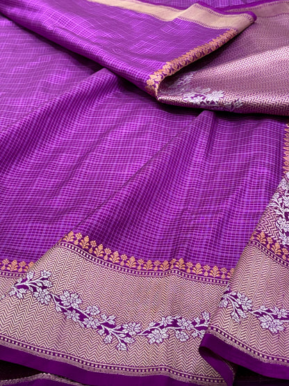 Purple Pure Katan Silk Ektara Checks Banarasi Saree with Rupa Sona Border