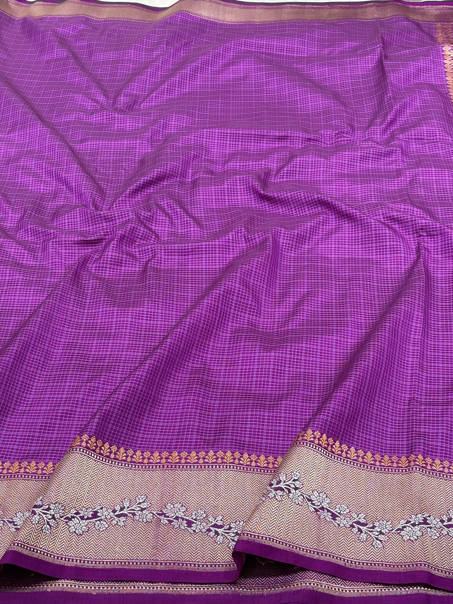 Purple Pure Katan Silk Ektara Checks Banarasi Saree with Rupa Sona Border