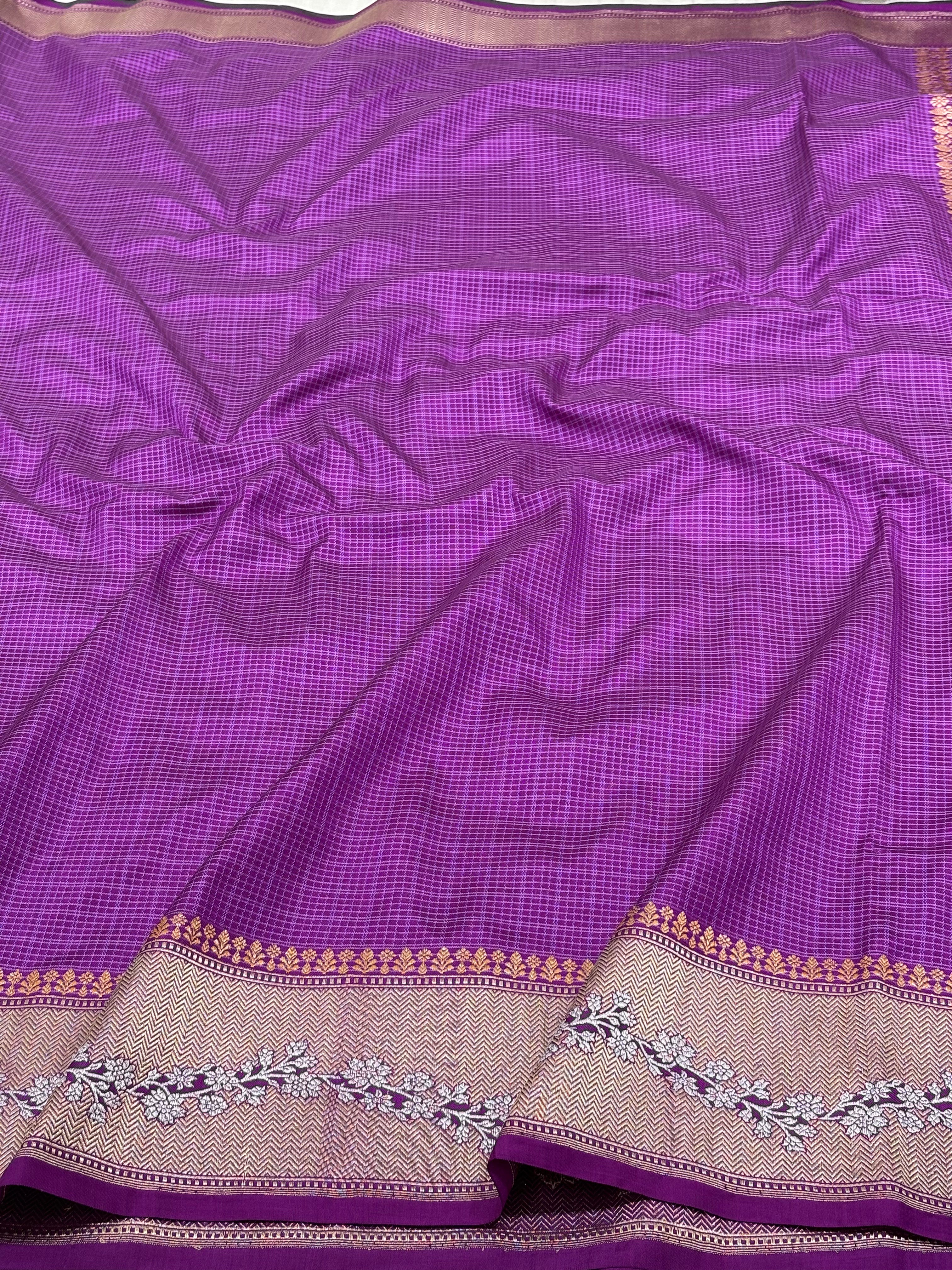 Purple Pure Katan Silk Ektara Checks Banarasi Saree with Rupa Sona Border
