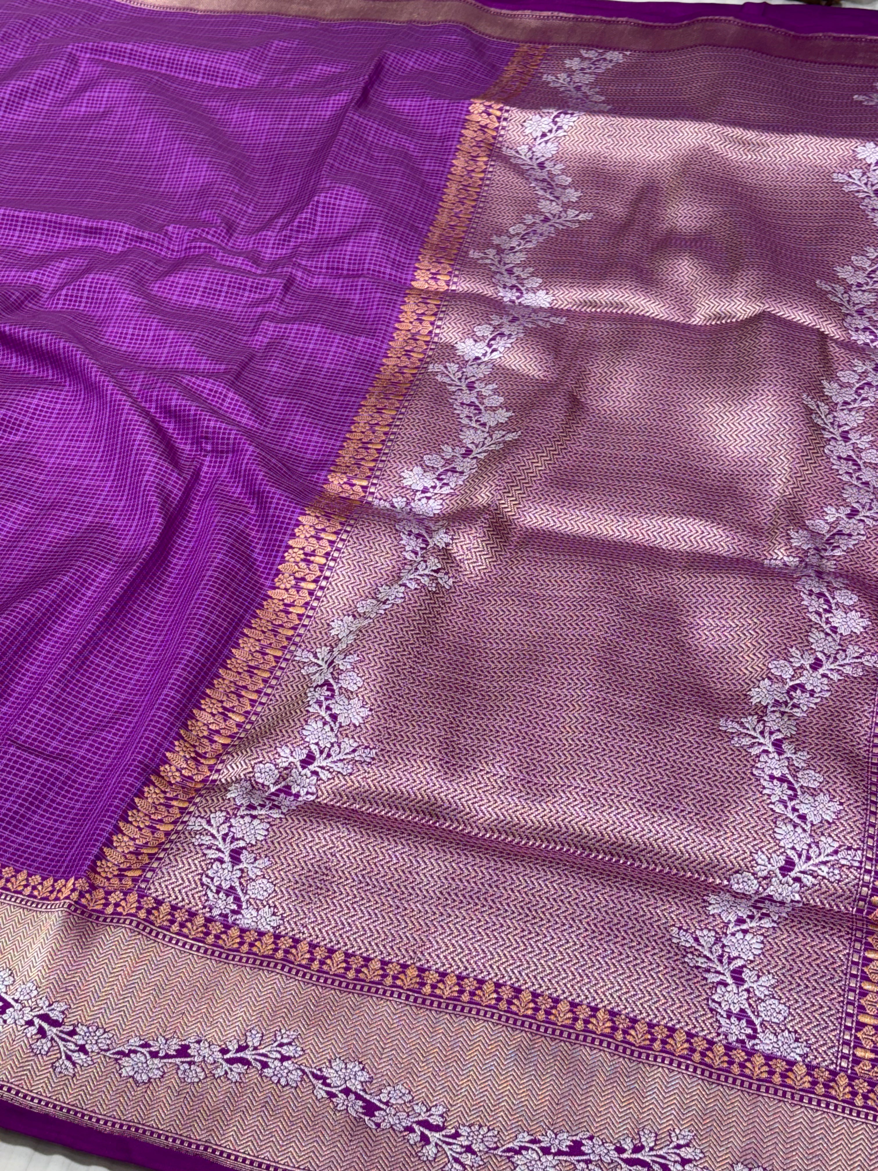 Purple Pure Katan Silk Ektara Checks Banarasi Saree with Rupa Sona Border