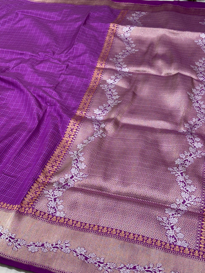 Purple Pure Katan Silk Ektara Checks Banarasi Saree with Rupa Sona Border