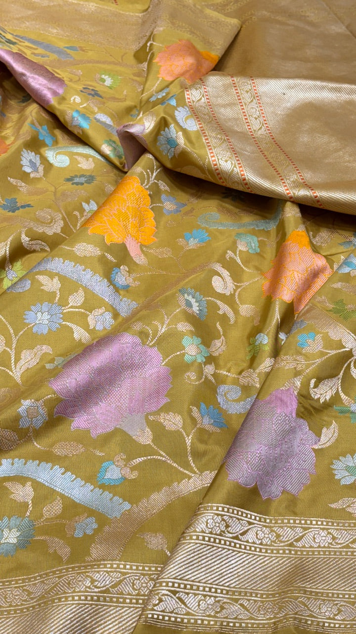 Musterd Yellow Pure Banarasi  Handwoven Saree with Real Zari