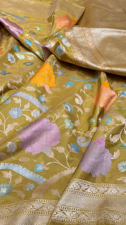 Musterd Yellow Pure Banarasi  Handwoven Saree with Real Zari
