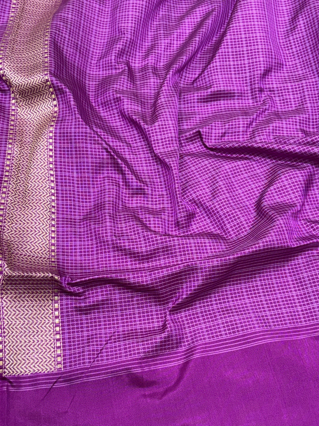 Purple Pure Katan Silk Ektara Checks Banarasi Saree with Rupa Sona Border