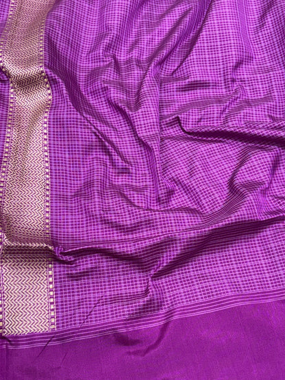 Purple Pure Katan Silk Ektara Checks Banarasi Saree with Rupa Sona Border
