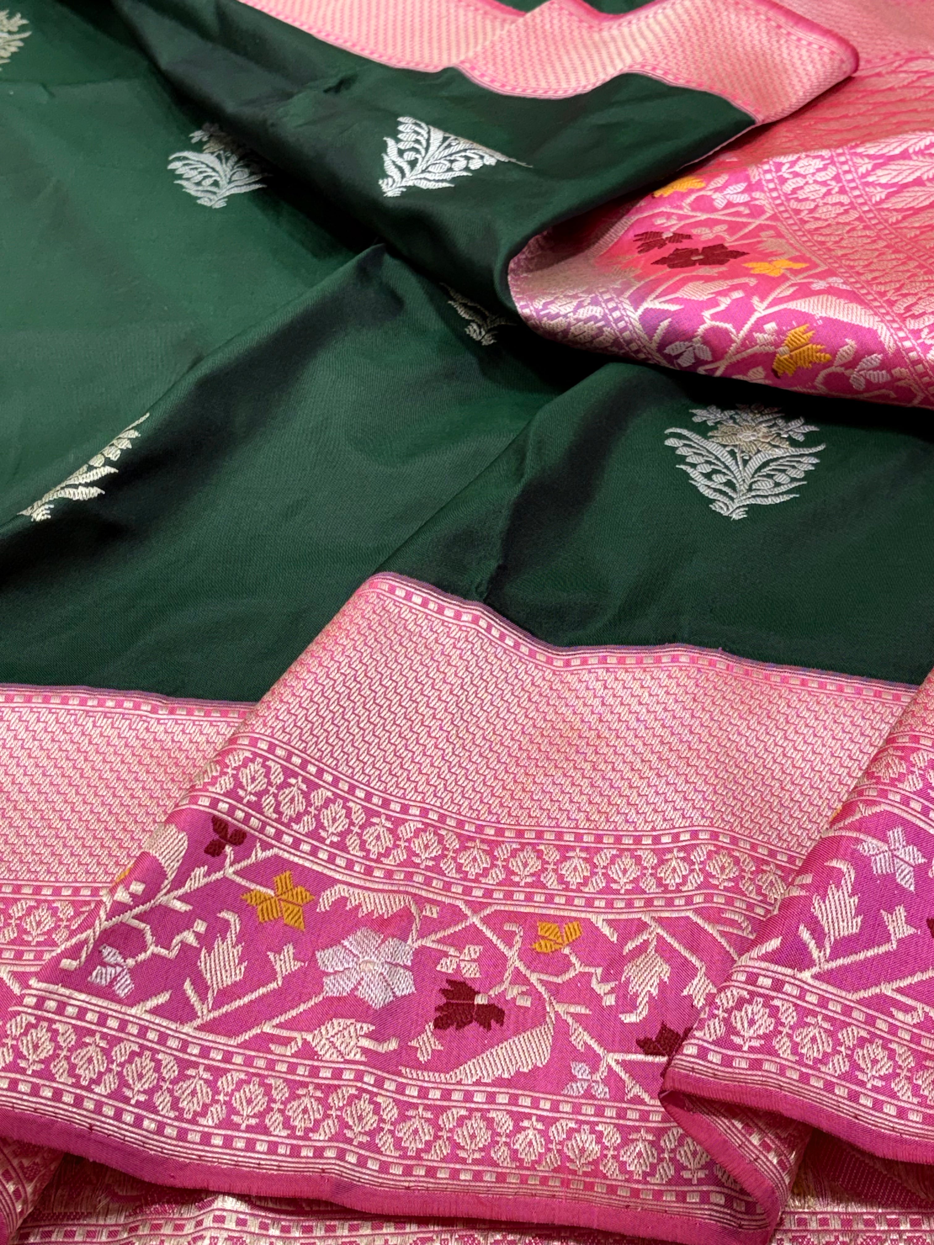 Green Pure Kora Ektara Banarasi Saree with Katan Silk Kadhial Palm Tree Border