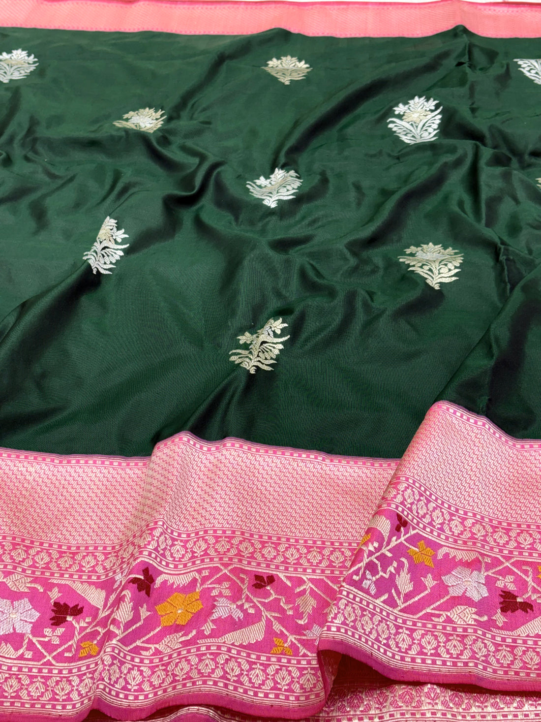 Green Pure Kora Ektara Banarasi Saree with Katan Silk Kadhial Palm Tree Border