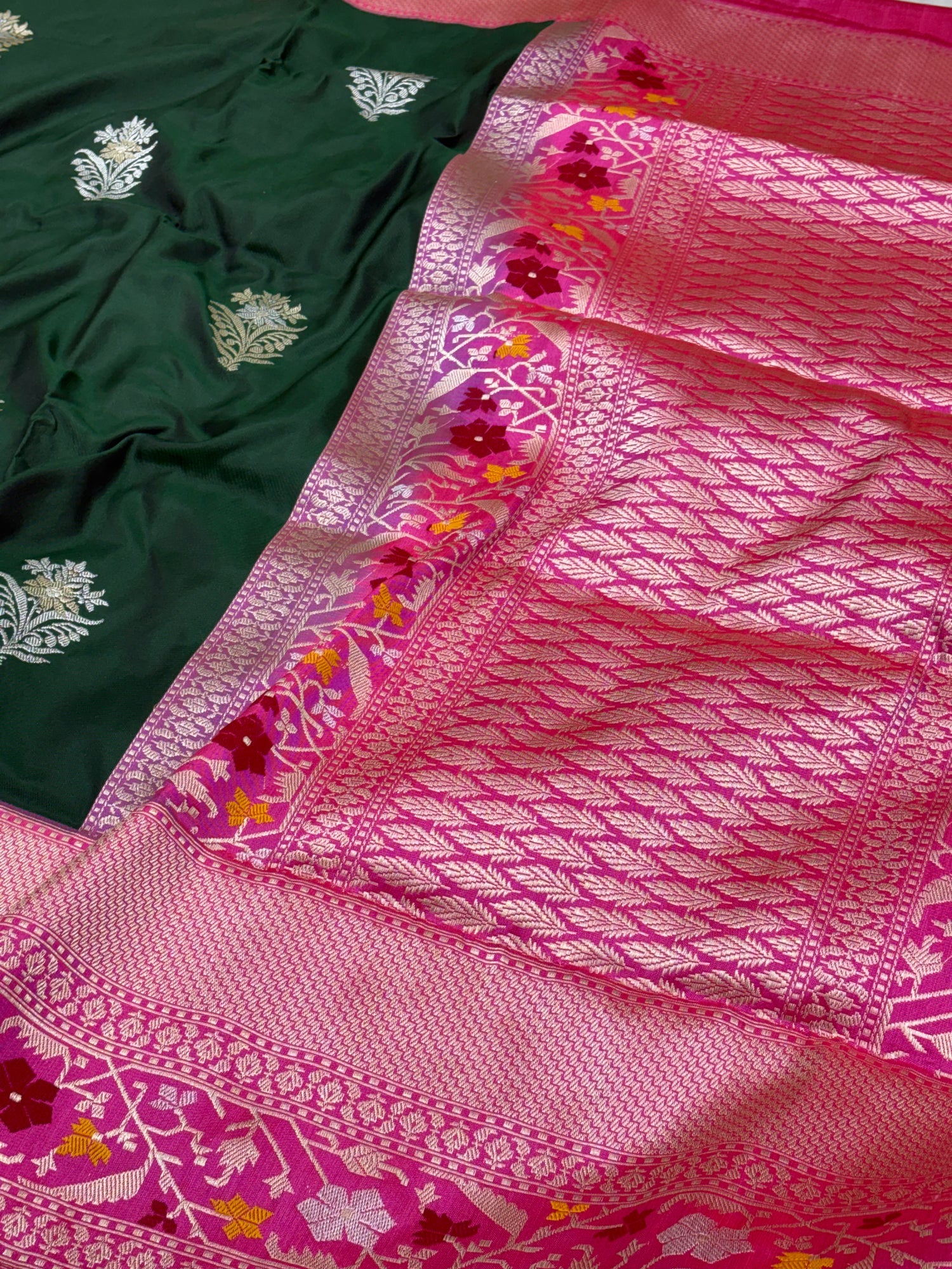 Green Pure Kora Ektara Banarasi Saree with Katan Silk Kadhial Palm Tree Border
