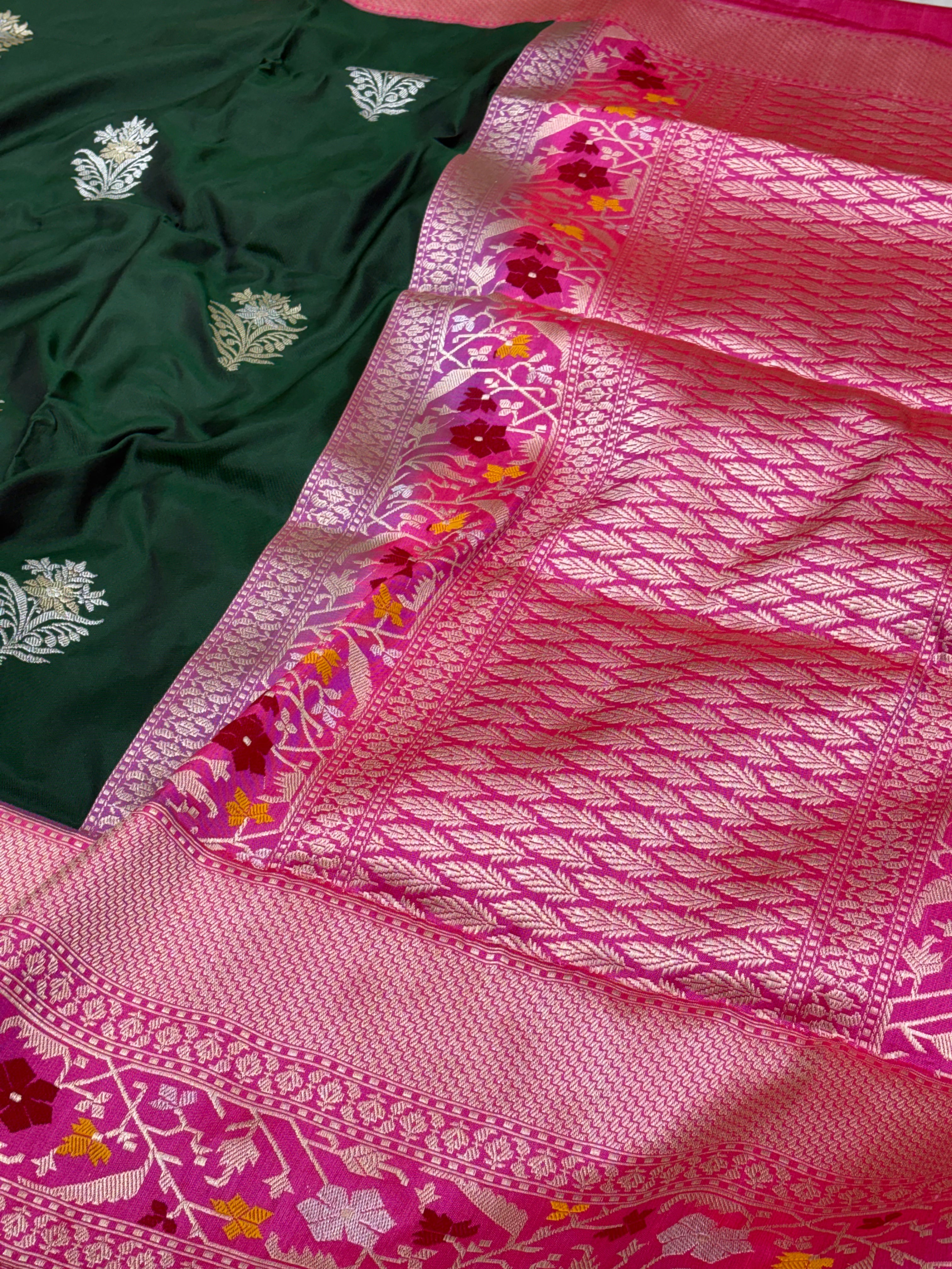 Green Pure Kora Ektara Banarasi Saree with Katan Silk Kadhial Palm Tree Border