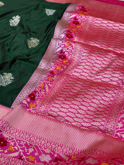 Green Pure Kora Ektara Banarasi Saree with Katan Silk Kadhial Palm Tree Border