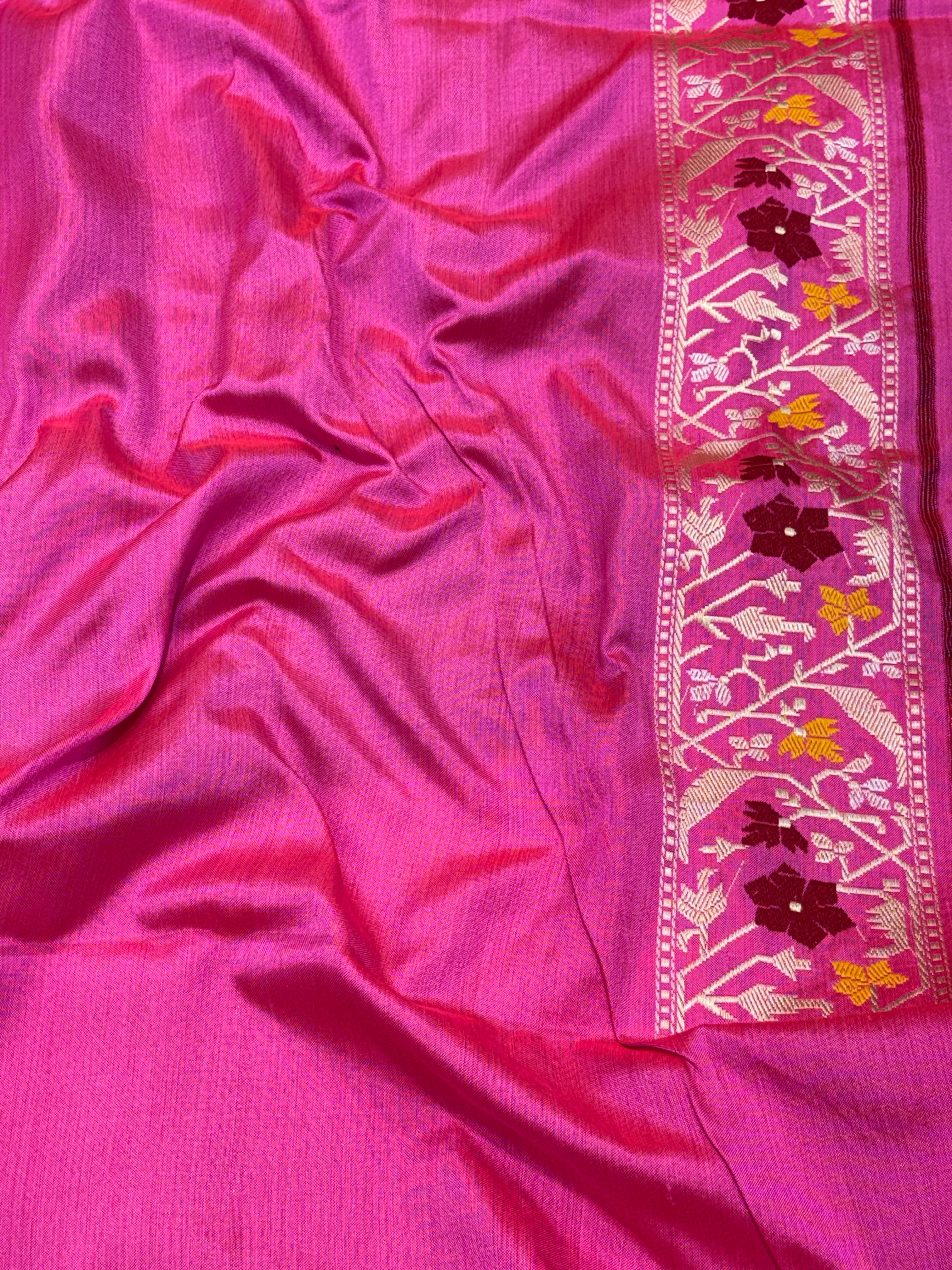 Green Pure Kora Ektara Banarasi Saree with Katan Silk Kadhial Palm Tree Border