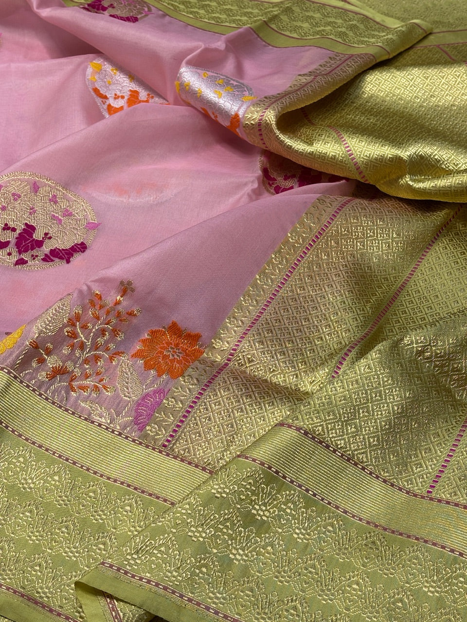 Baby Pink Banarasi Kora Silk Handwoven Saree