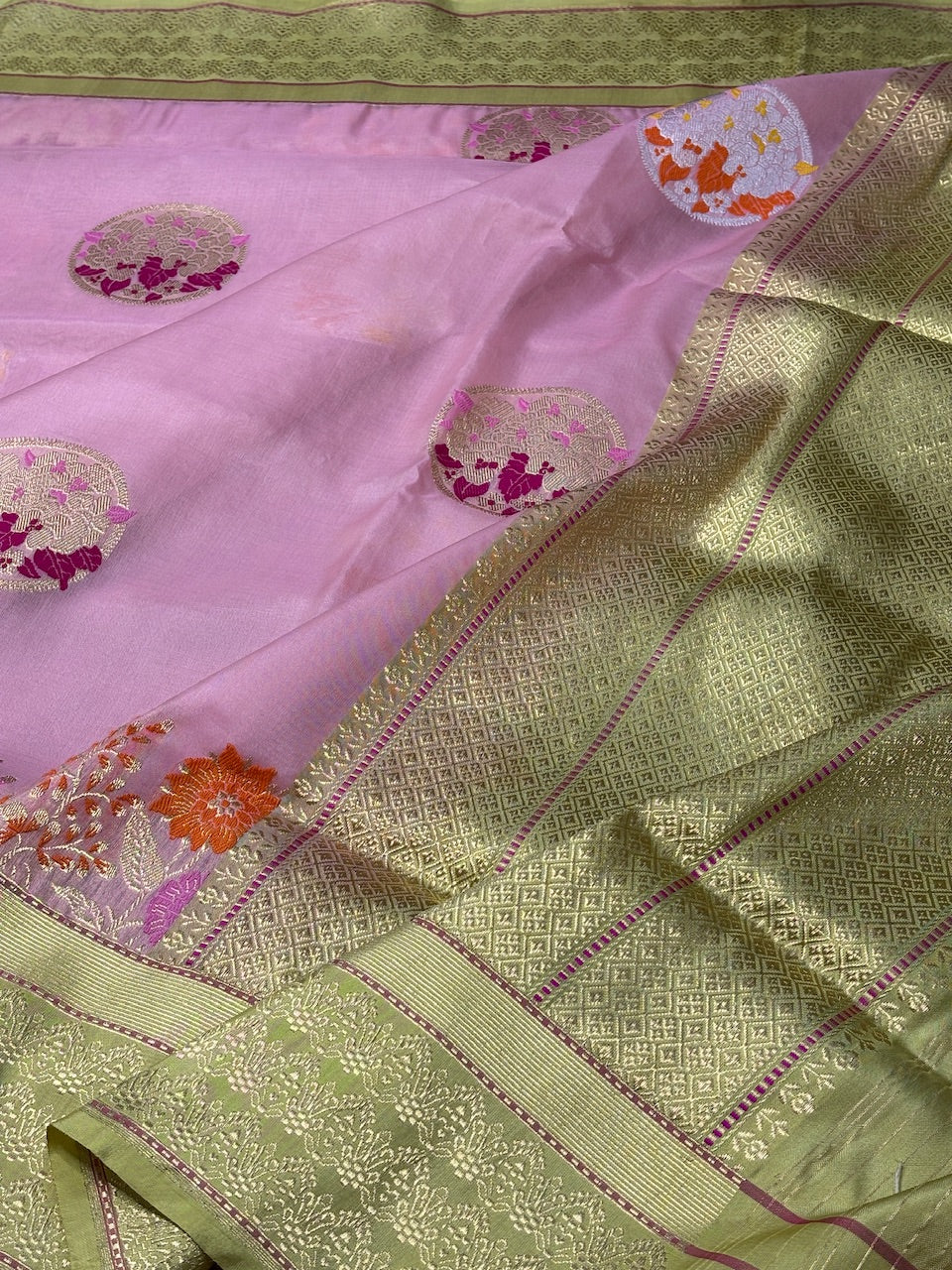 Baby Pink Banarasi Kora Silk Handwoven Saree