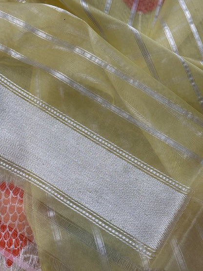 Soft Lemon Yellow Banarasi Kora Silk Handwoven Saree