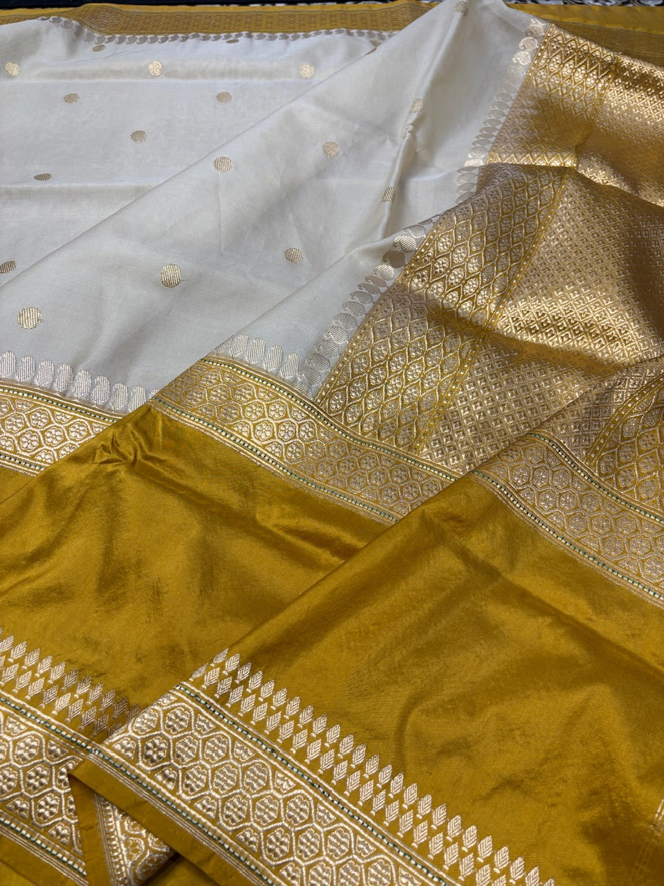 Ivory With Yellow Banarasi Kora Silk Handwoven Saree