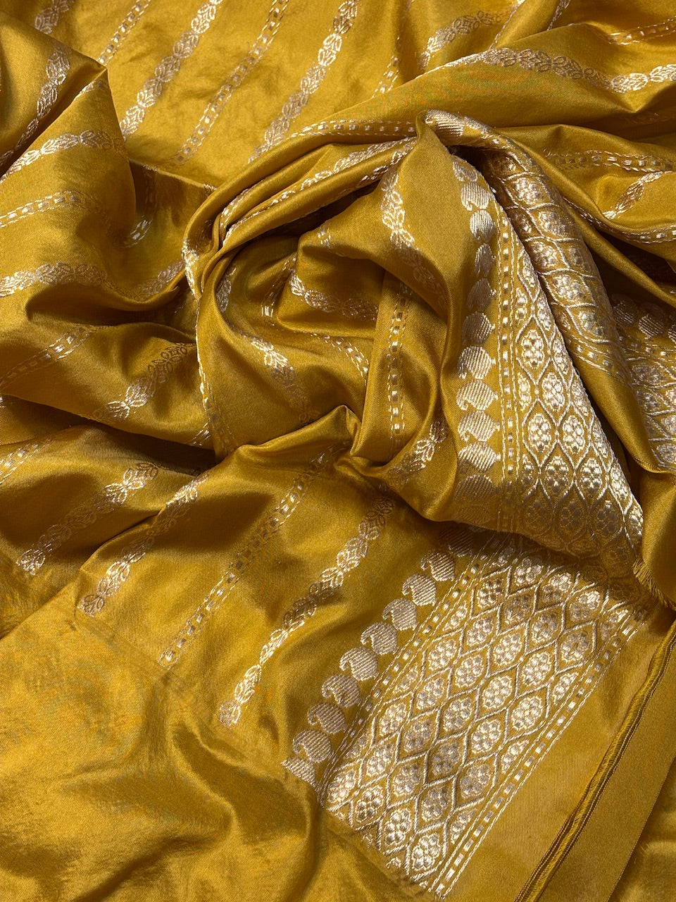 Ivory With Yellow Banarasi Kora Silk Handwoven Saree