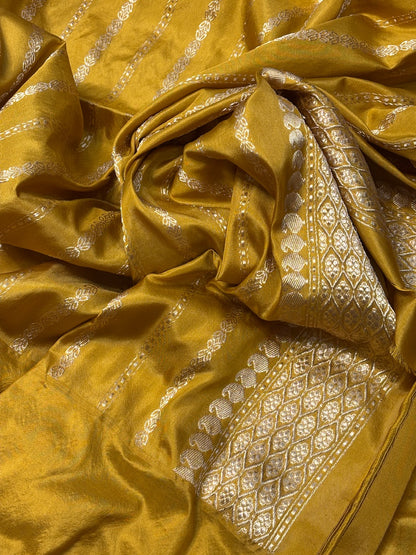 Ivory With Yellow Banarasi Kora Silk Handwoven Saree
