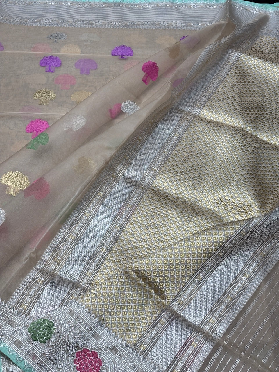 Champagne Beige Banarasi Kora Silk Handwoven Saree
