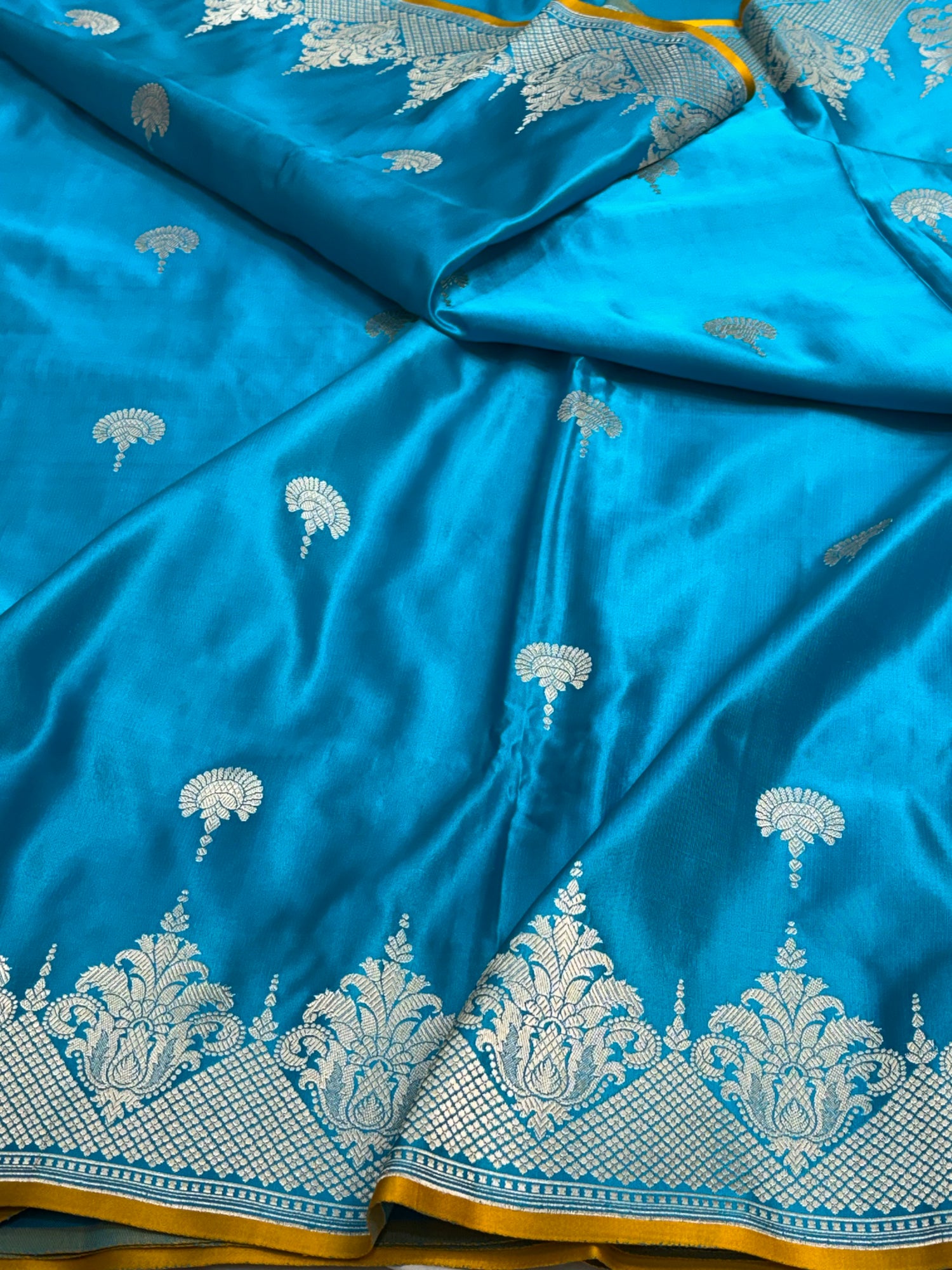Blue Pure Satin Silk Handwoven Banarasi Saree with Yellow Selvage