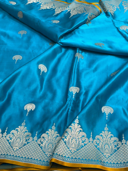 Blue Pure Satin Silk Handwoven Banarasi Saree with Yellow Selvage
