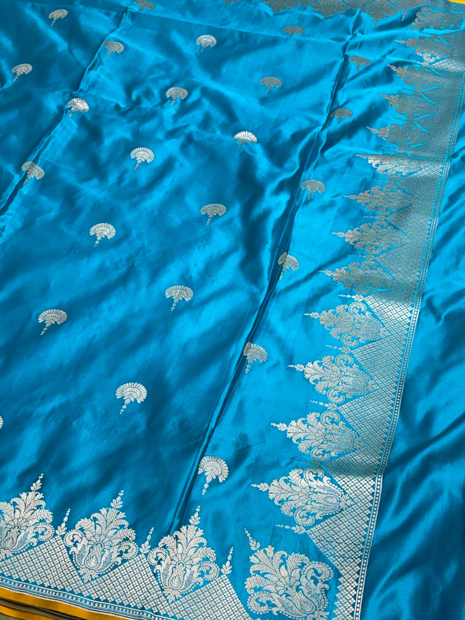 Blue Pure Satin Silk Handwoven Banarasi Saree with Yellow Selvage