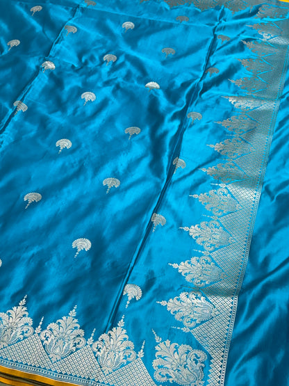Blue Pure Satin Silk Handwoven Banarasi Saree with Yellow Selvage