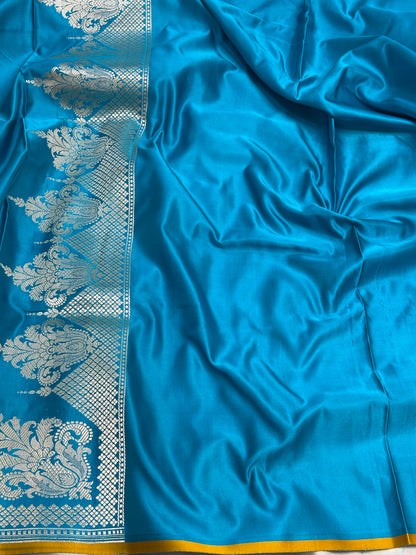Blue Pure Satin Silk Handwoven Banarasi Saree with Yellow Selvage