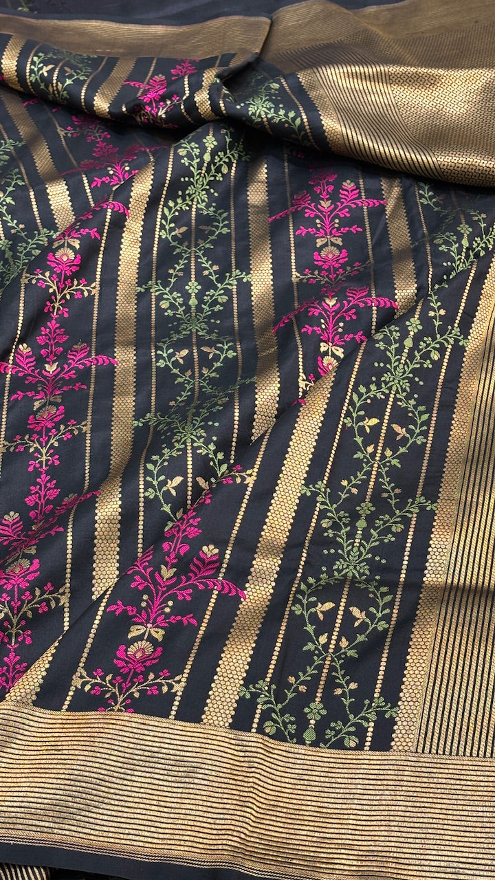 Black Banarasi Katan Brocade Silk Saree