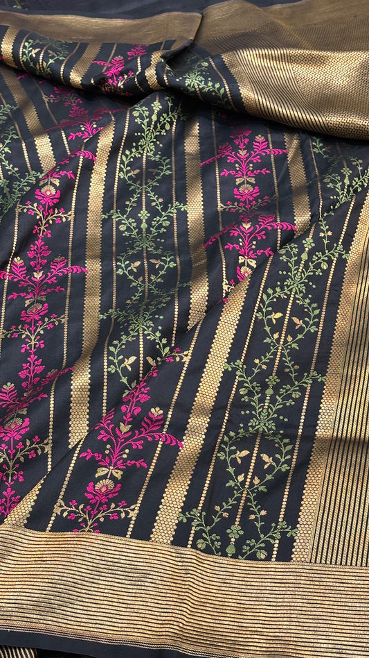 Black Banarasi Katan Brocade Silk Saree