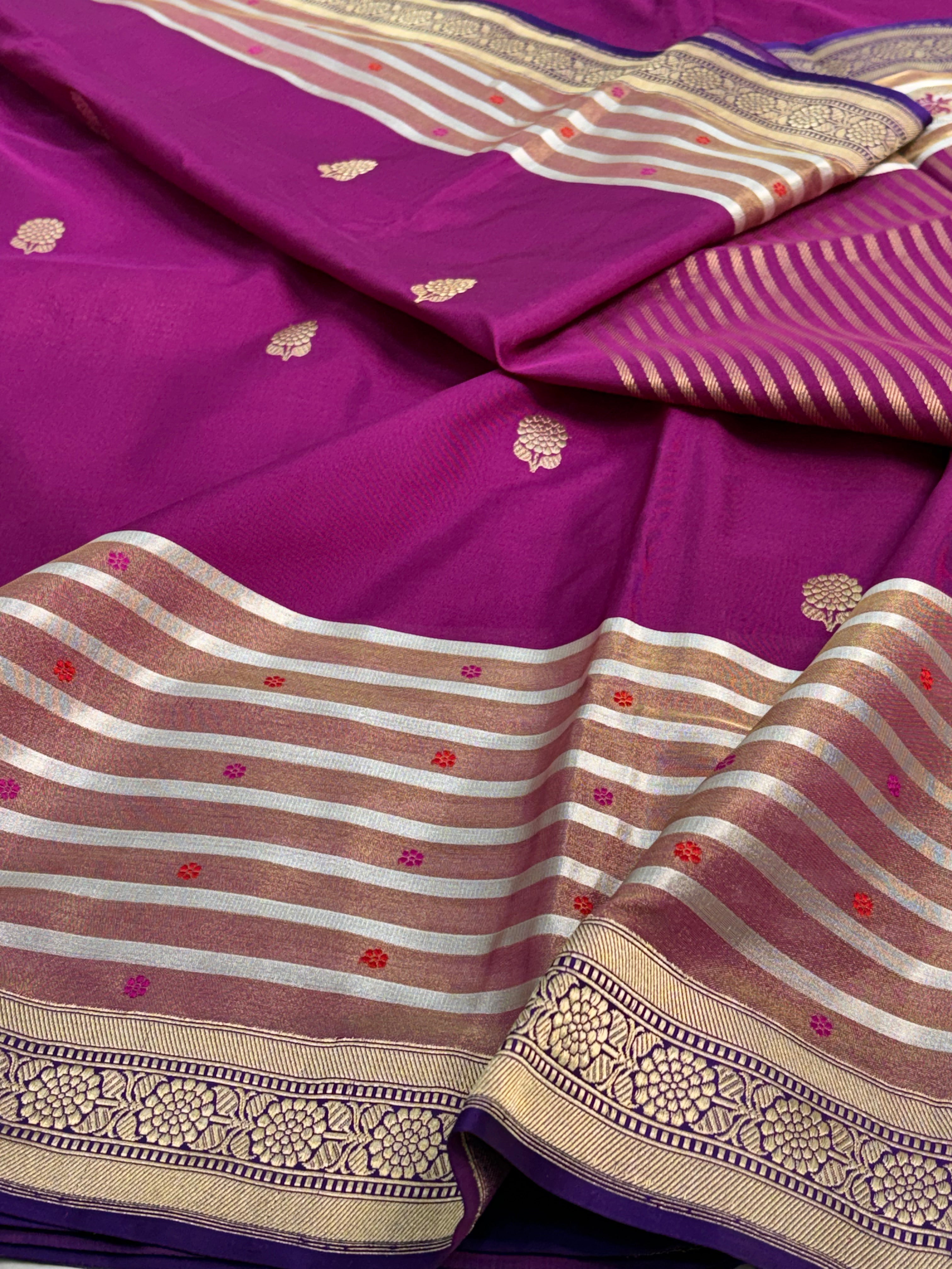 Pure Kora Handwoven Banarasi Saree with Tissue Border and Silver Stripes