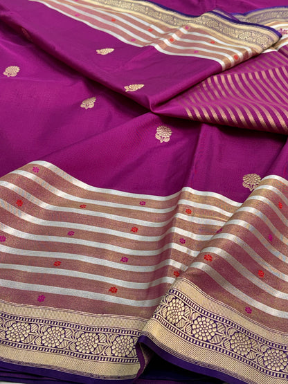 Pure Kora Handwoven Banarasi Saree with Tissue Border and Silver Stripes
