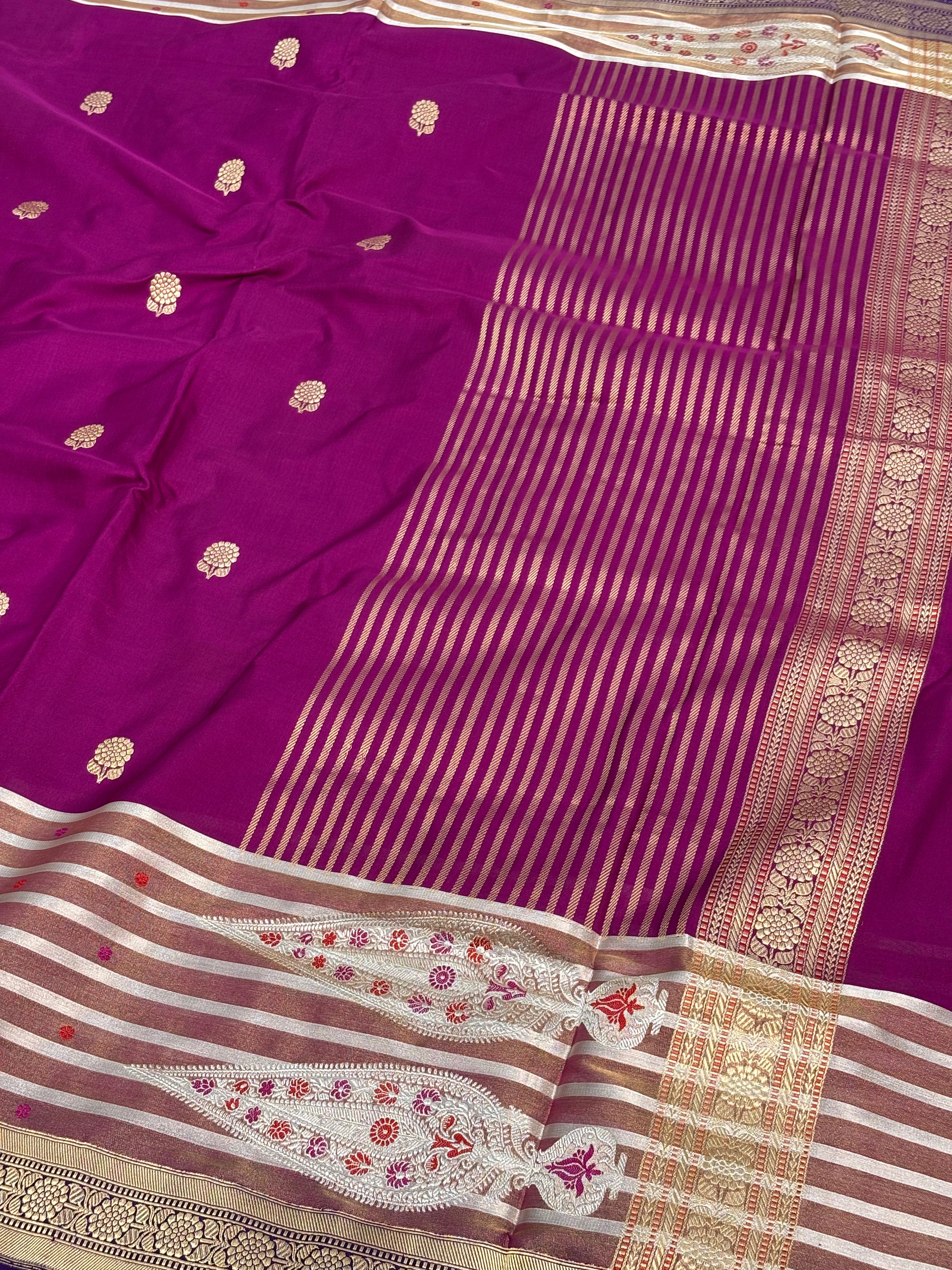 Pure Kora Handwoven Banarasi Saree with Tissue Border and Silver Stripes