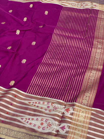 Pure Kora Handwoven Banarasi Saree with Tissue Border and Silver Stripes