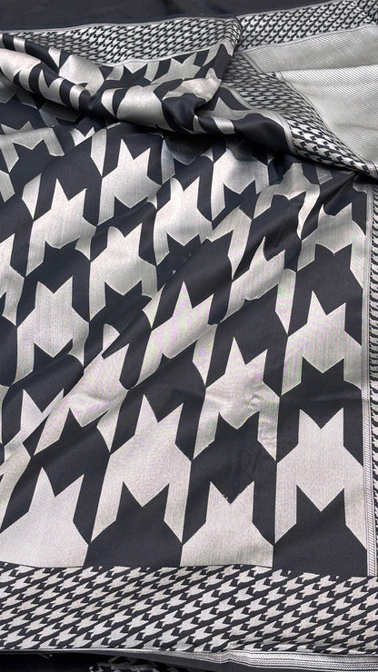 Black and White Banarasi Katan Brocade Silk Saree