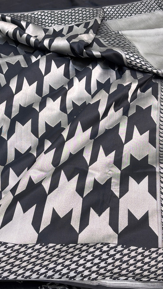 Black and White Banarasi Katan Brocade Silk Saree