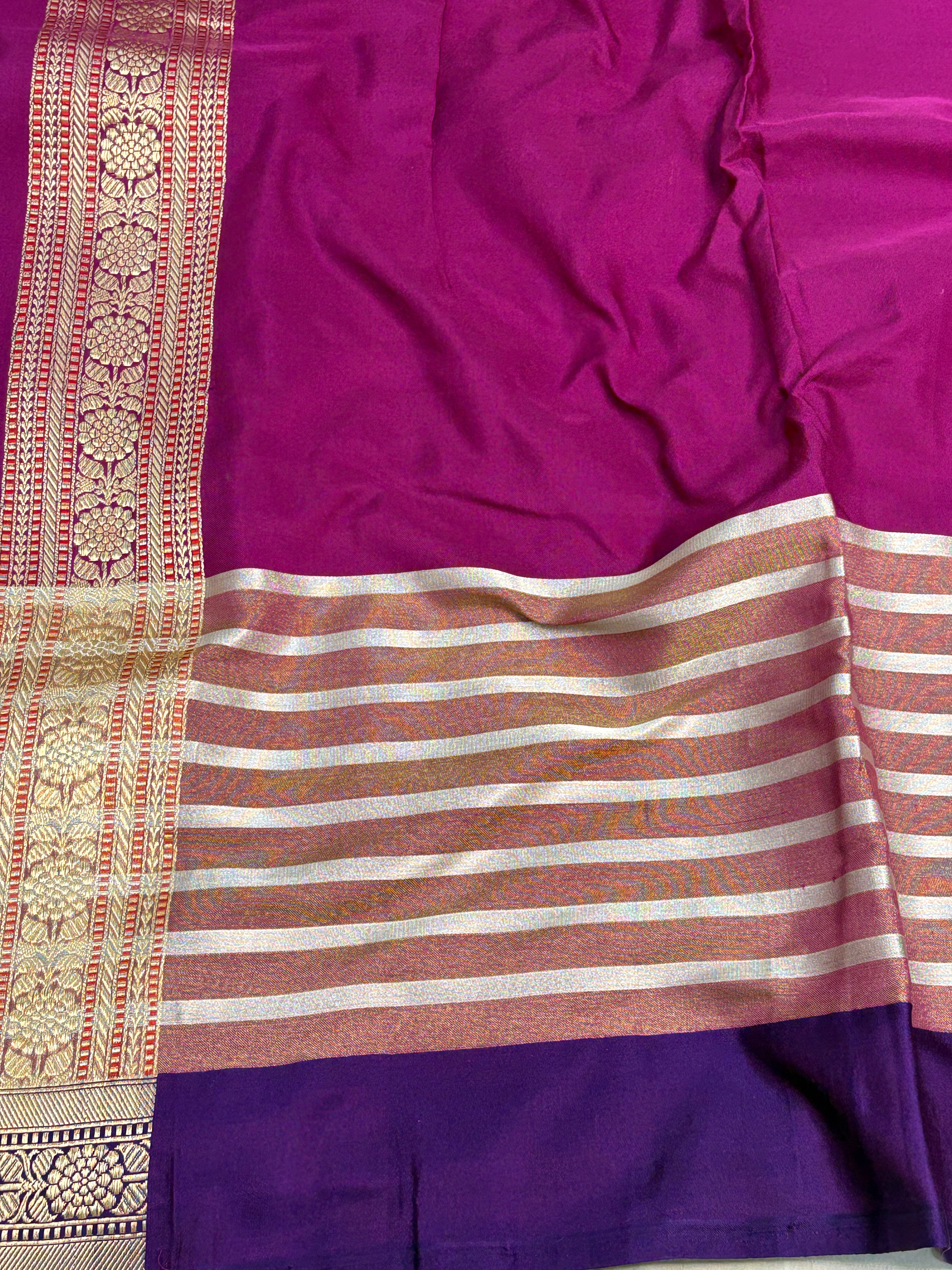Pure Kora Handwoven Banarasi Saree with Tissue Border and Silver Stripes
