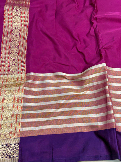 Pure Kora Handwoven Banarasi Saree with Tissue Border and Silver Stripes