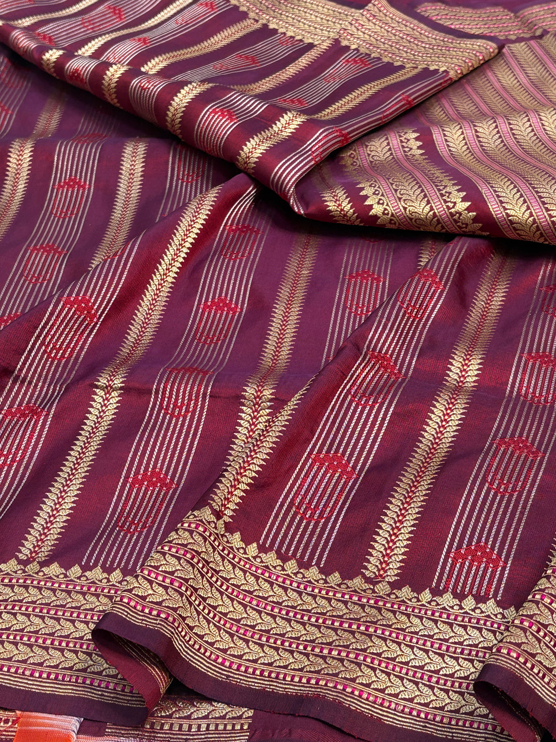 Handwoven Banarasi Pure Satin Silk Striped Saree