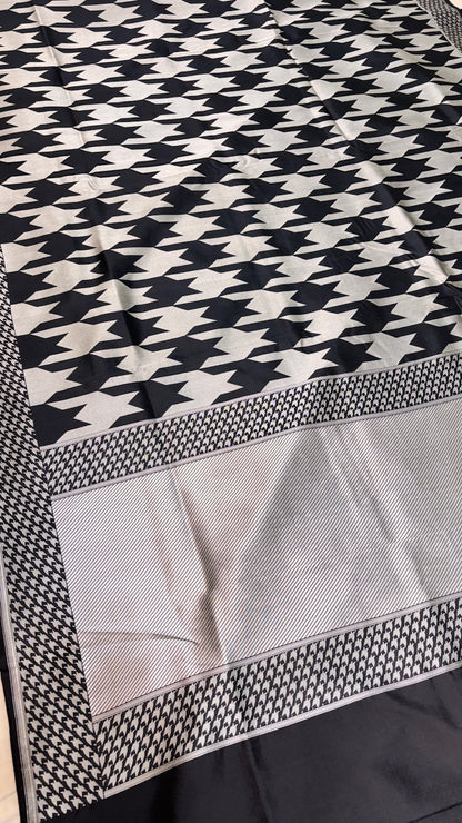 Black and White Banarasi Katan Brocade Silk Saree