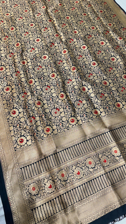 Navy Blue Banarasi Brocade Silk Saree