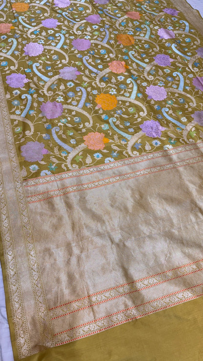 Musterd Yellow Pure Banarasi  Handwoven Saree with Real Zari