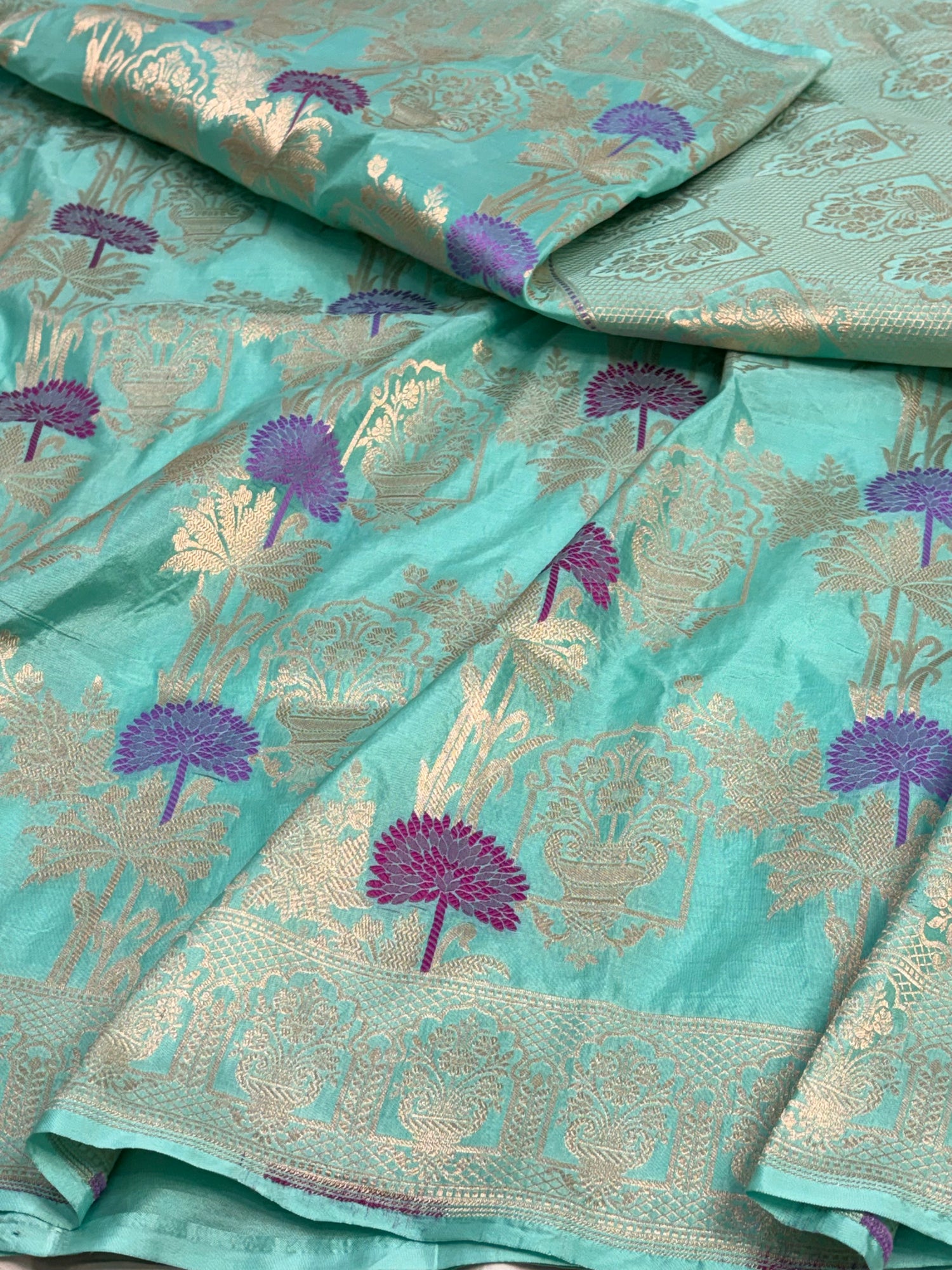 Sea Green Pure Katan Silk Cutwork Banarasi Saree