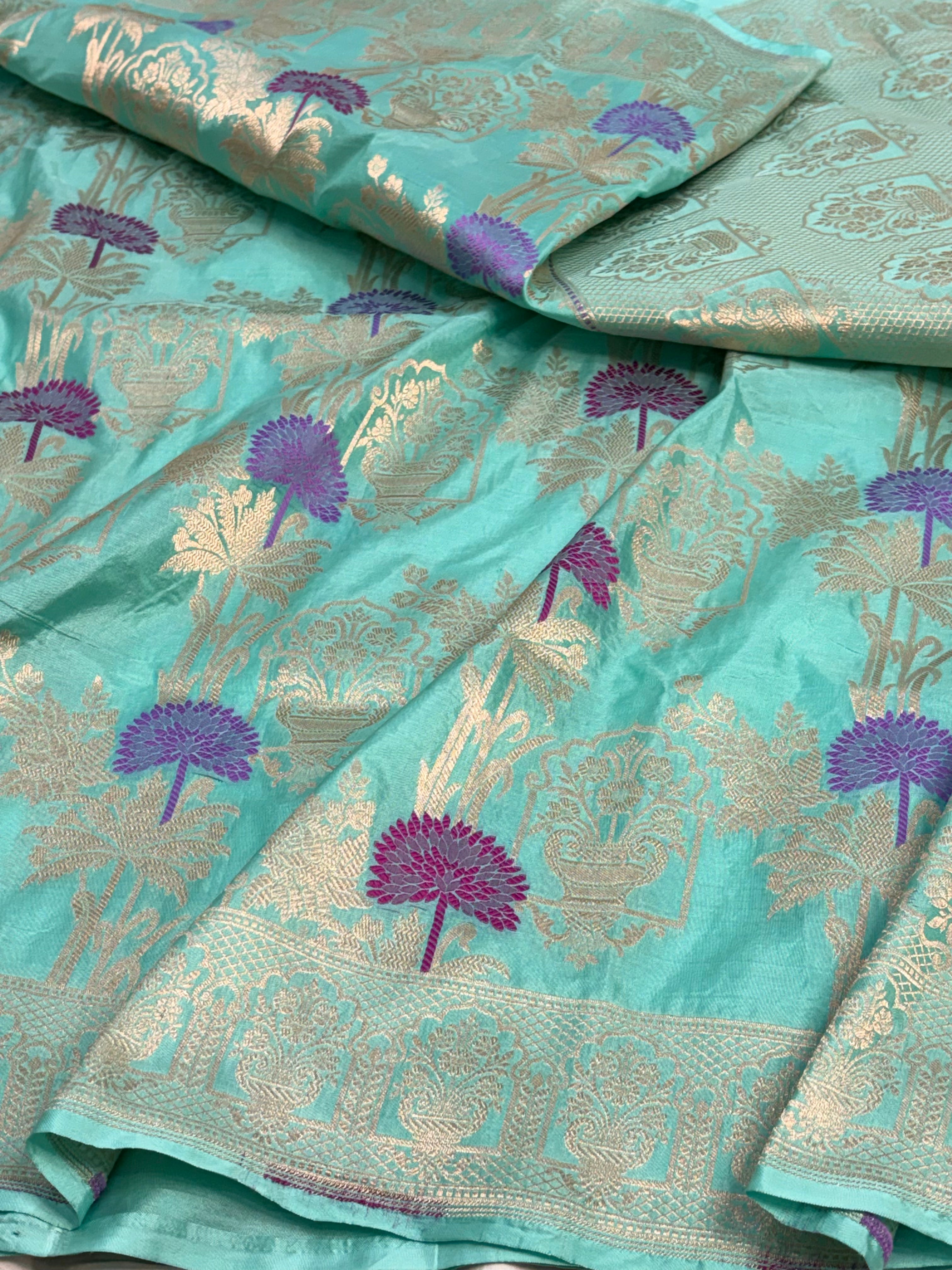 Sea Green Pure Katan Silk Cutwork Banarasi Saree