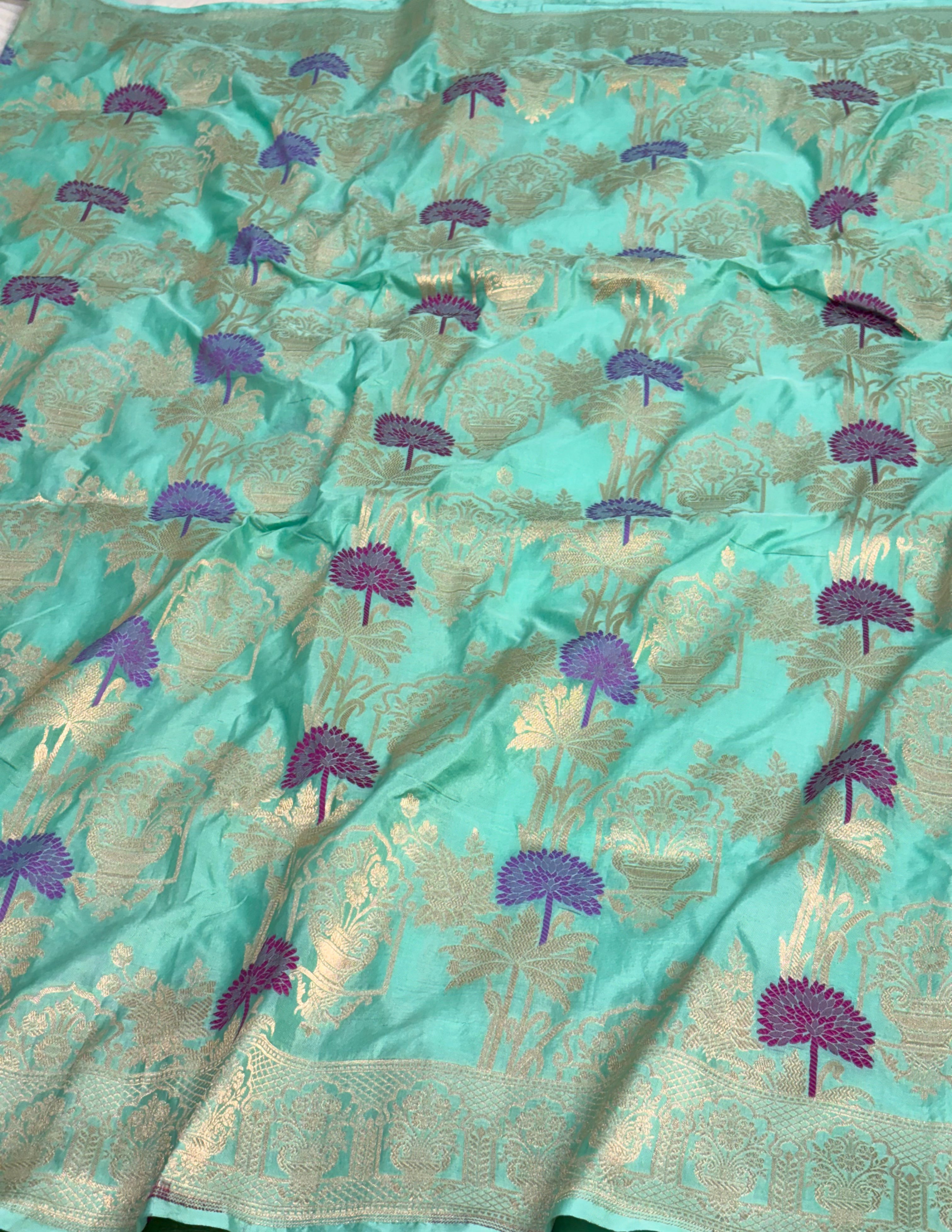Sea Green Pure Katan Silk Cutwork Banarasi Saree