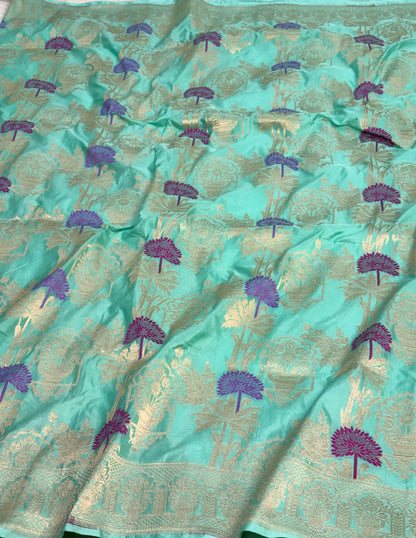 Sea Green Pure Katan Silk Cutwork Banarasi Saree