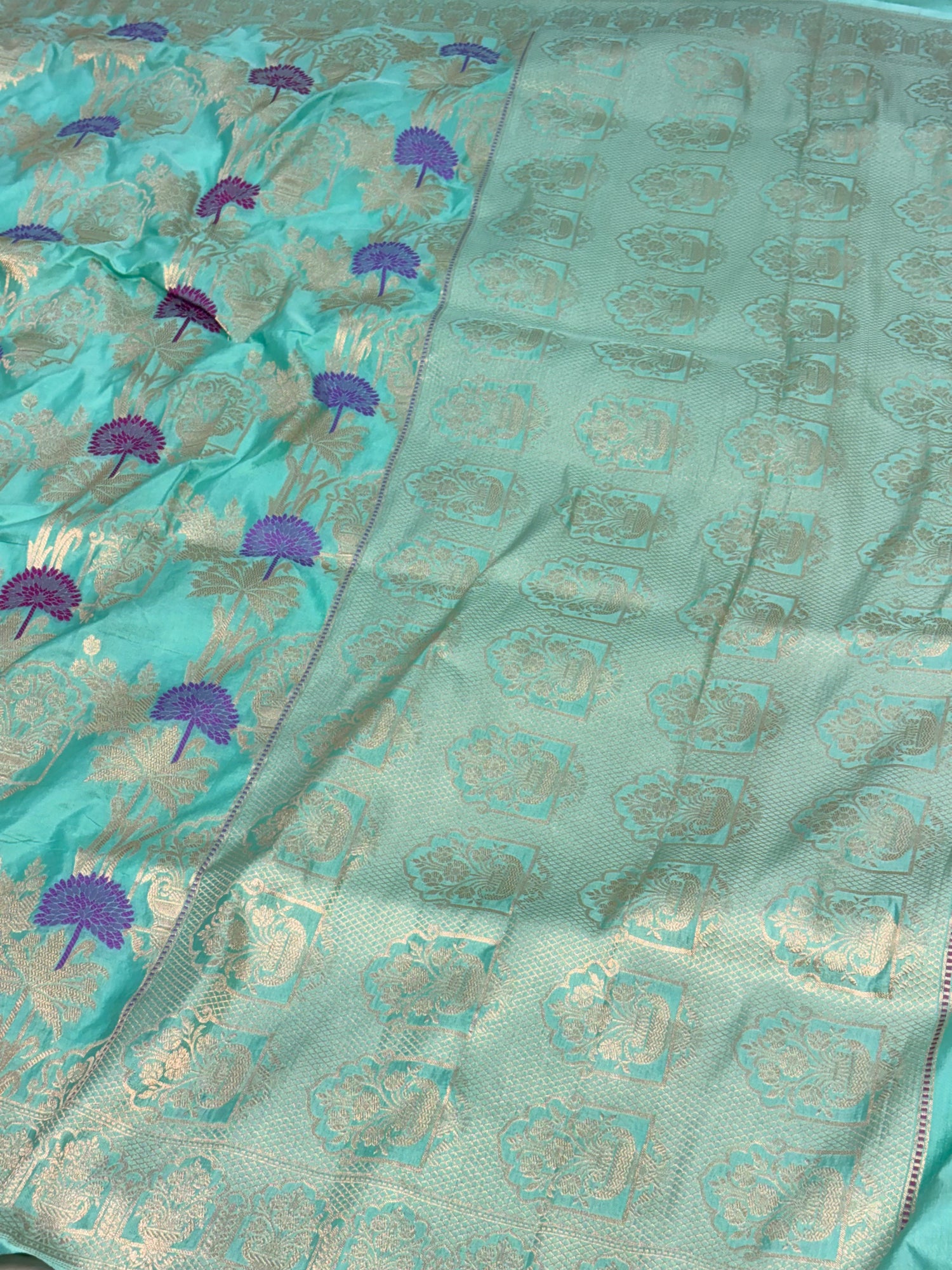 Sea Green Pure Katan Silk Cutwork Banarasi Saree