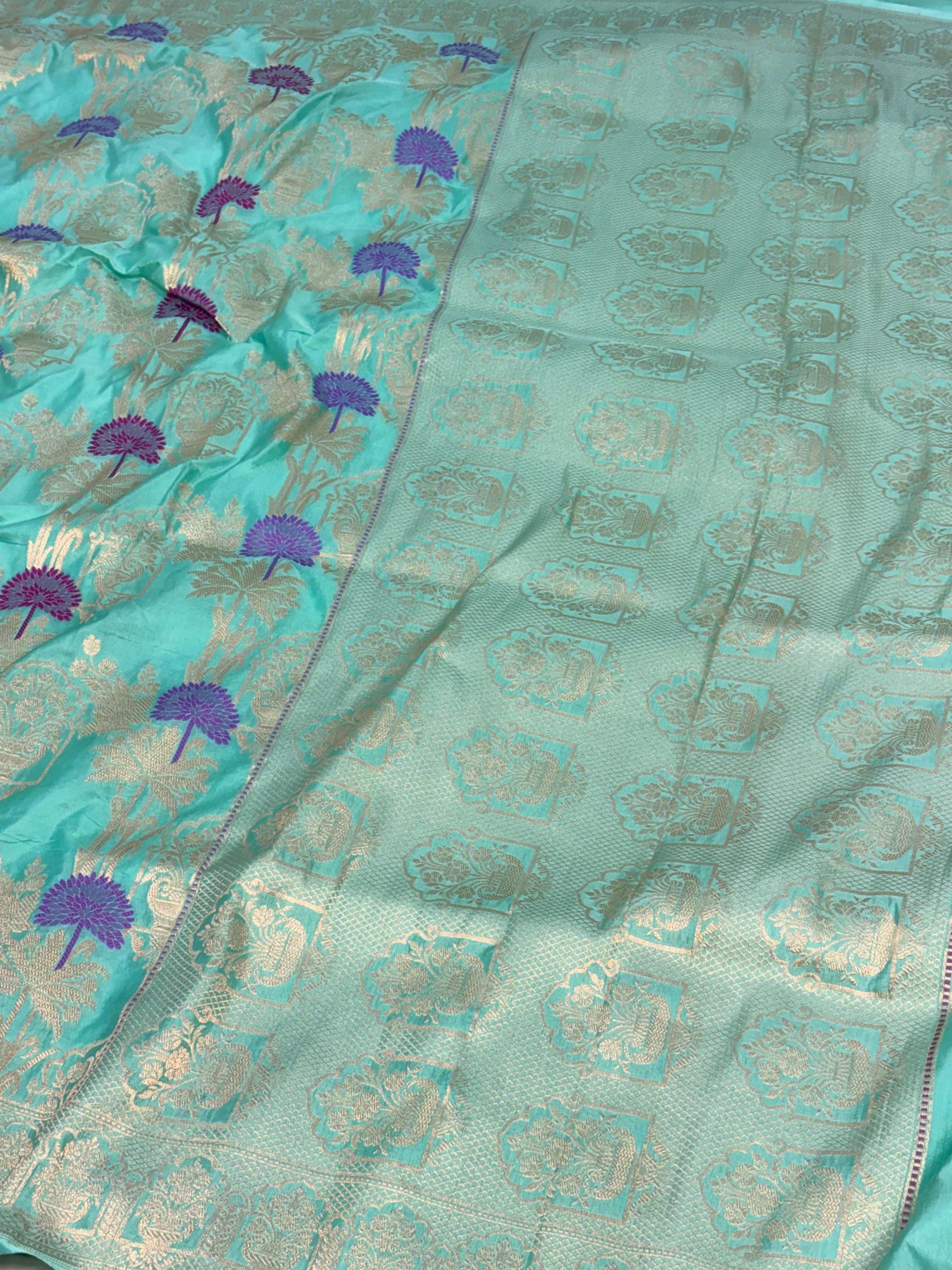 Sea Green Pure Katan Silk Cutwork Banarasi Saree