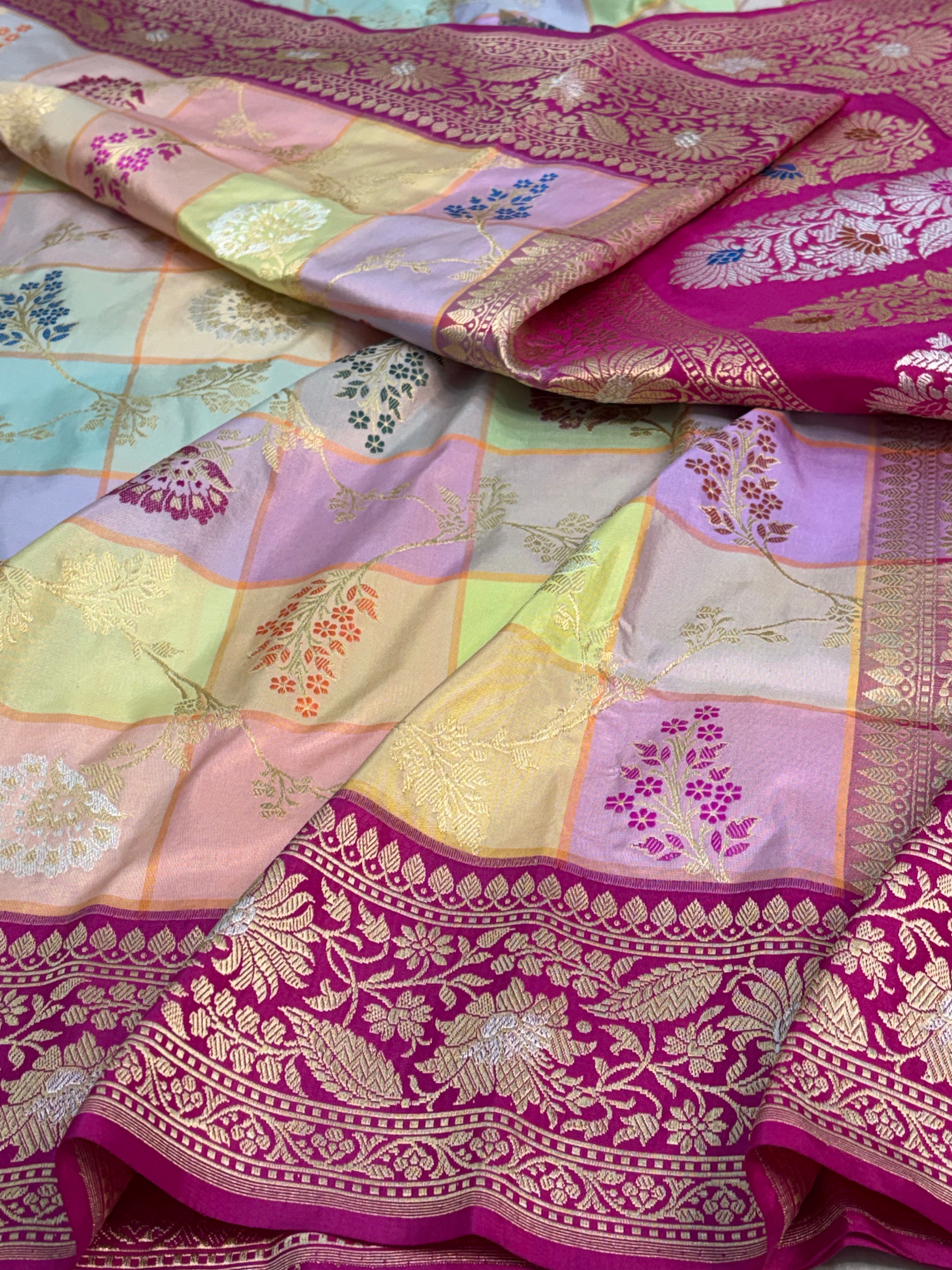 Multicolor Checks Jaal Rankat Pure Katan Silk Banarasi Saree with Kadhial Rupa Sona Border